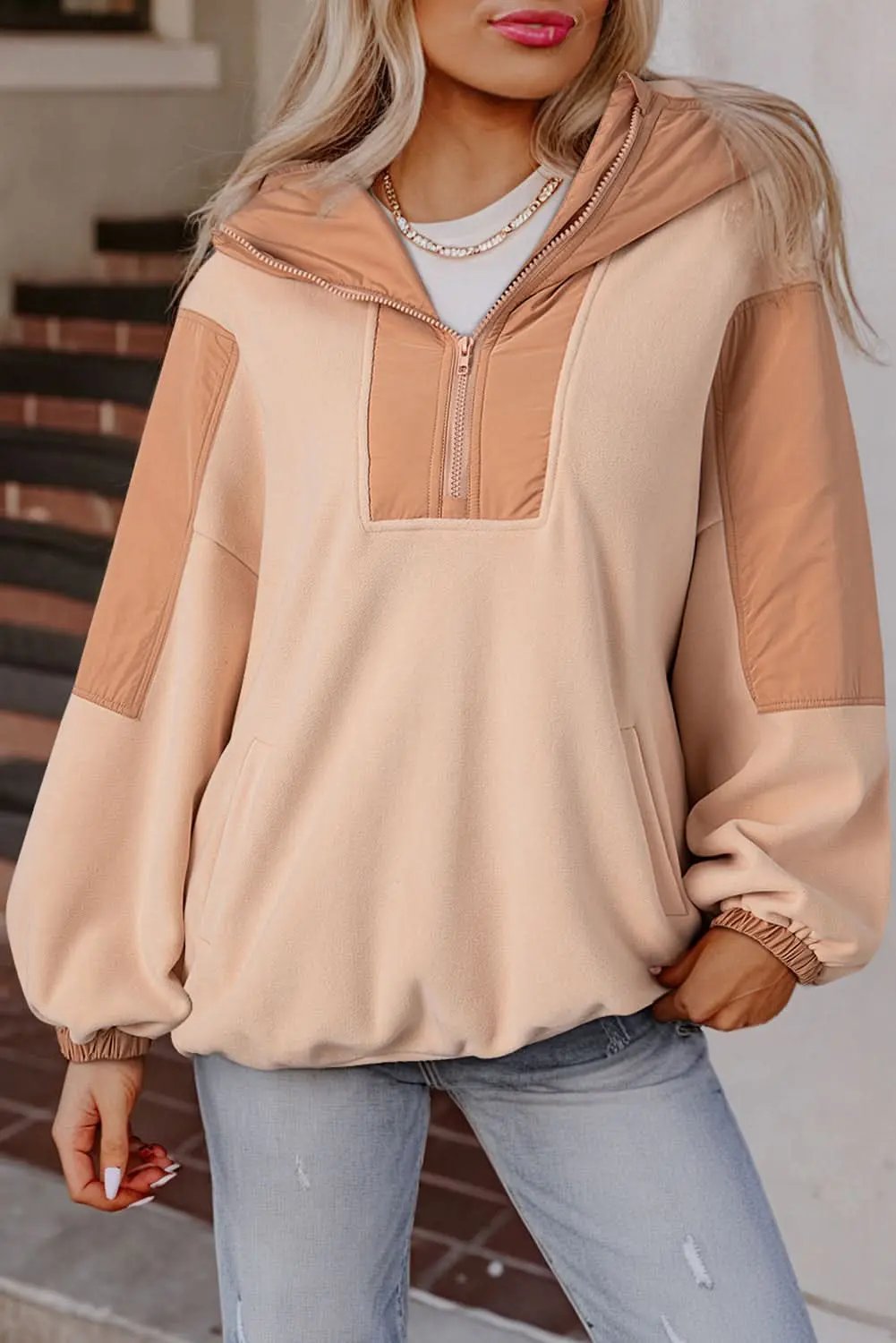 Light French Beige Colorblock Patchwork Half Zip Oversized Sherpa Hoodie - Love Salve 