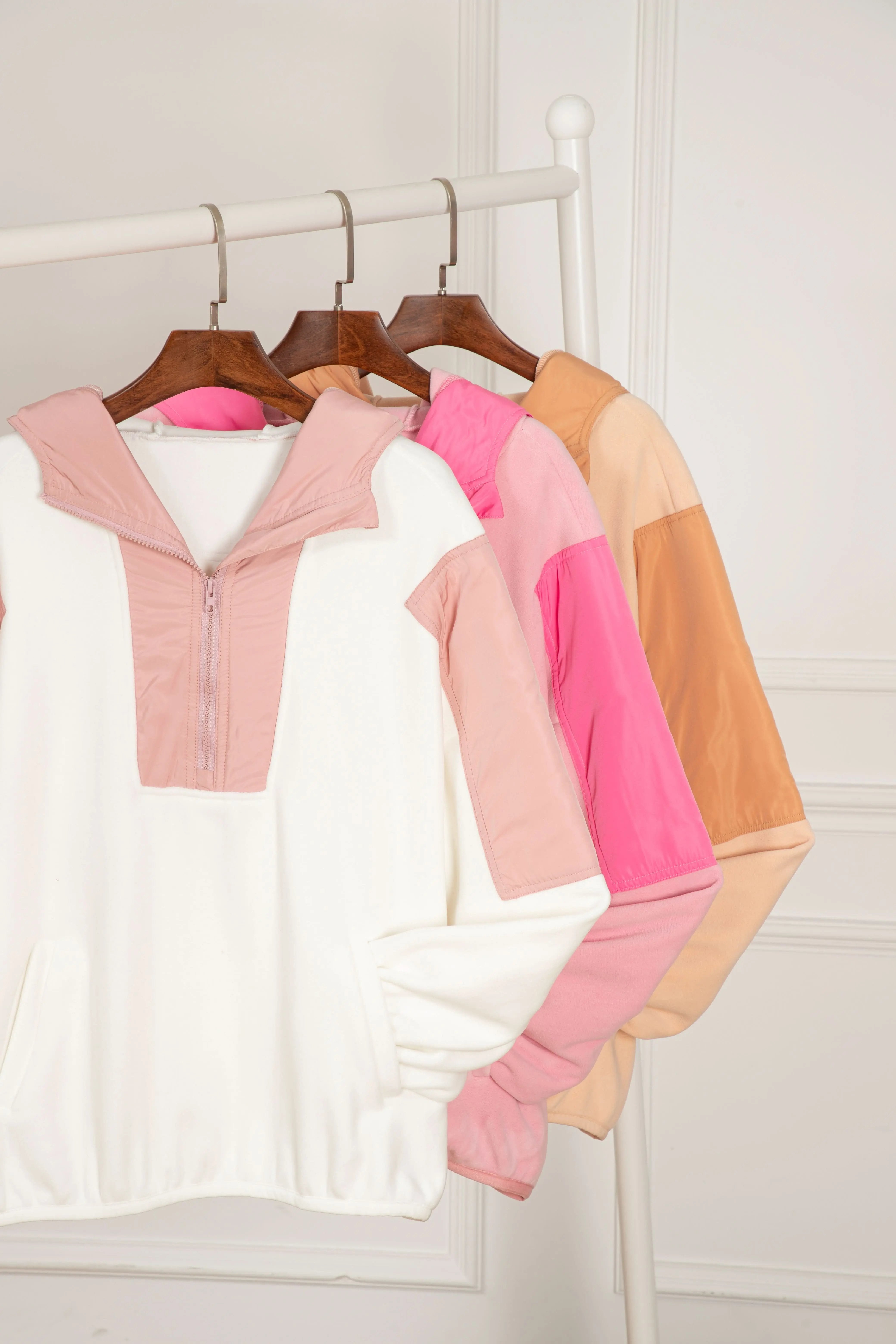 Light French Beige Colorblock Patchwork Half Zip Oversized Sherpa Hoodie - Love Salve 