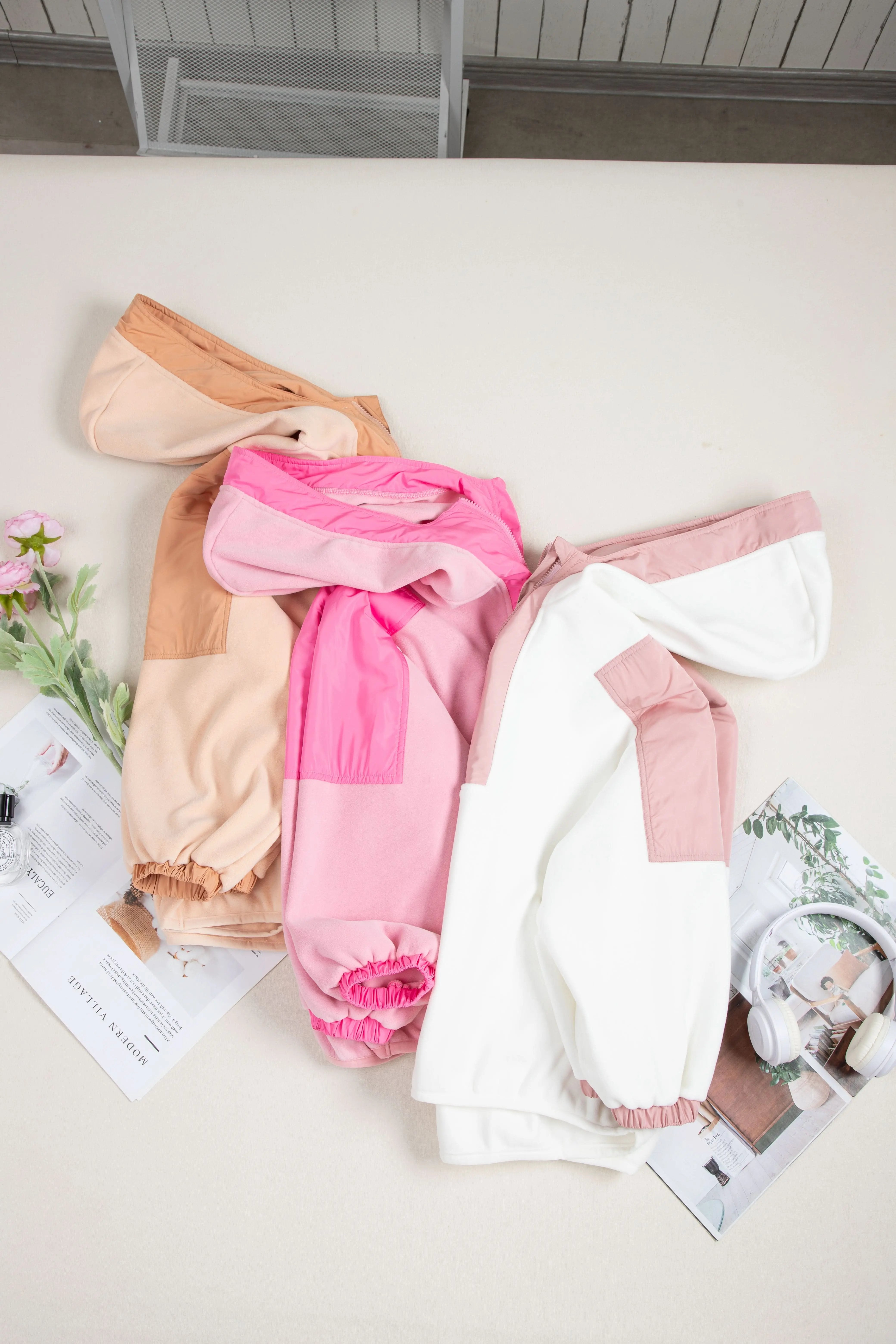 Light French Beige Colorblock Patchwork Half Zip Oversized Sherpa Hoodie - Love Salve 