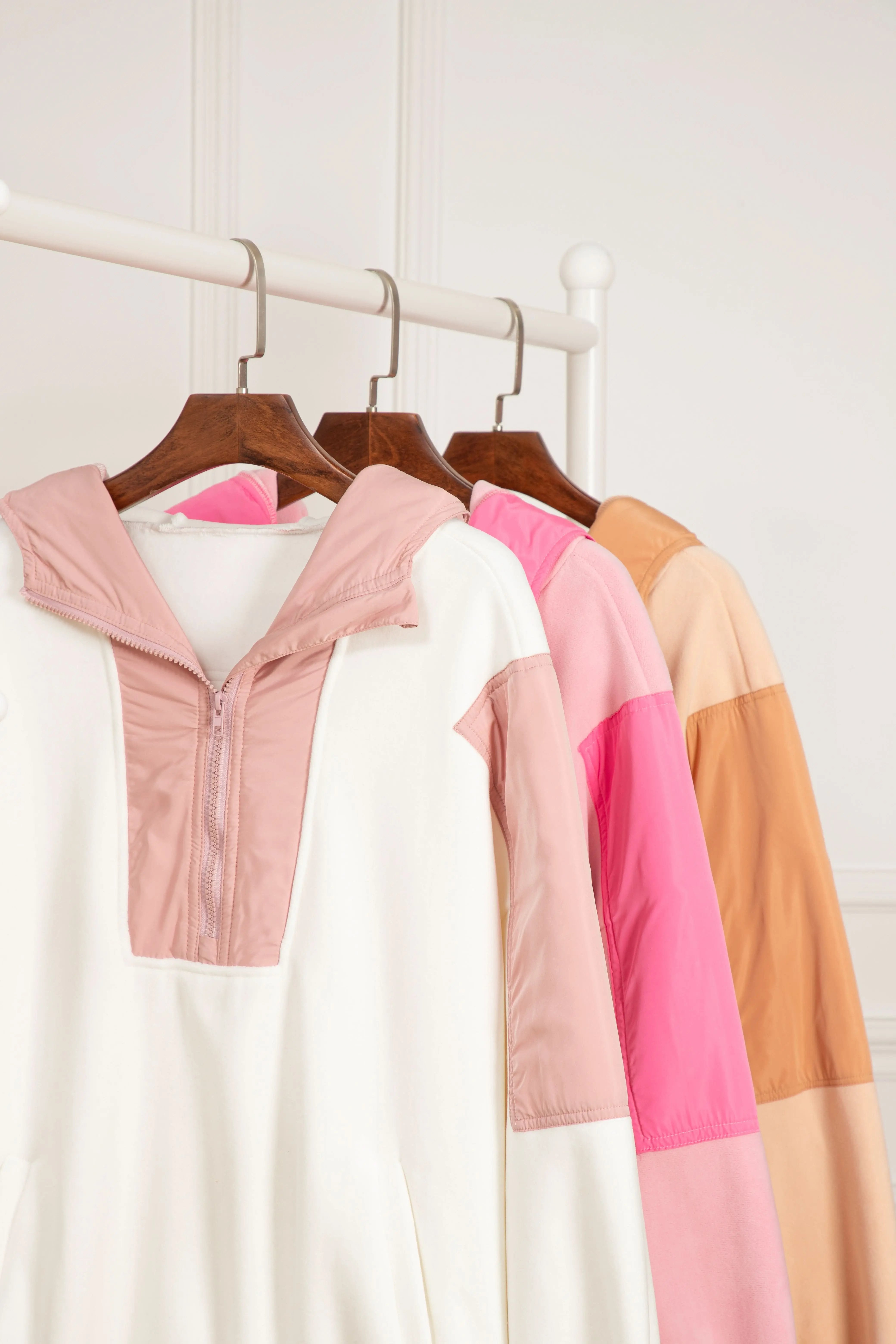 Light French Beige Colorblock Patchwork Half Zip Oversized Sherpa Hoodie - Love Salve 