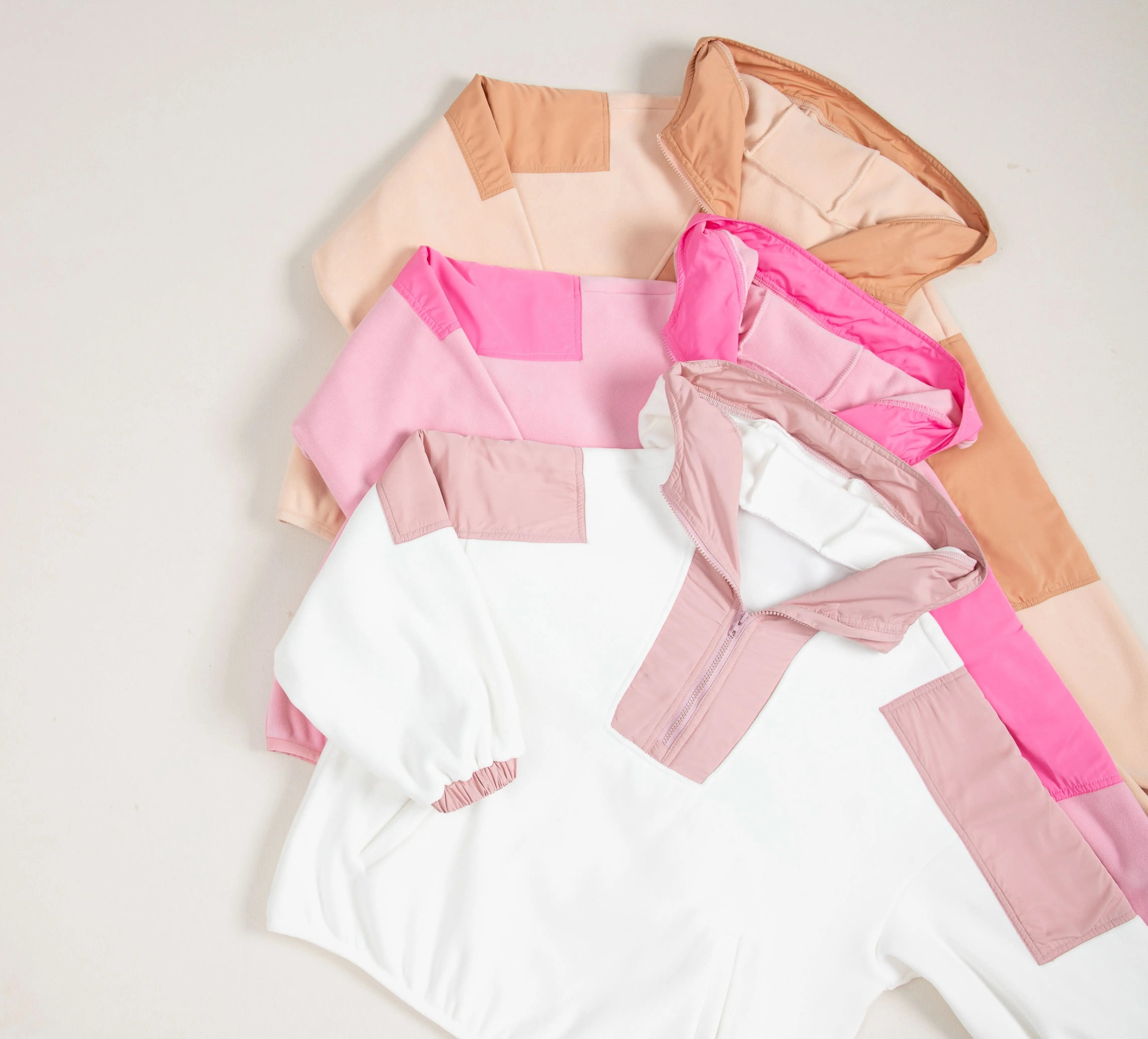 Light French Beige Colorblock Patchwork Half Zip Oversized Sherpa Hoodie - Love Salve 