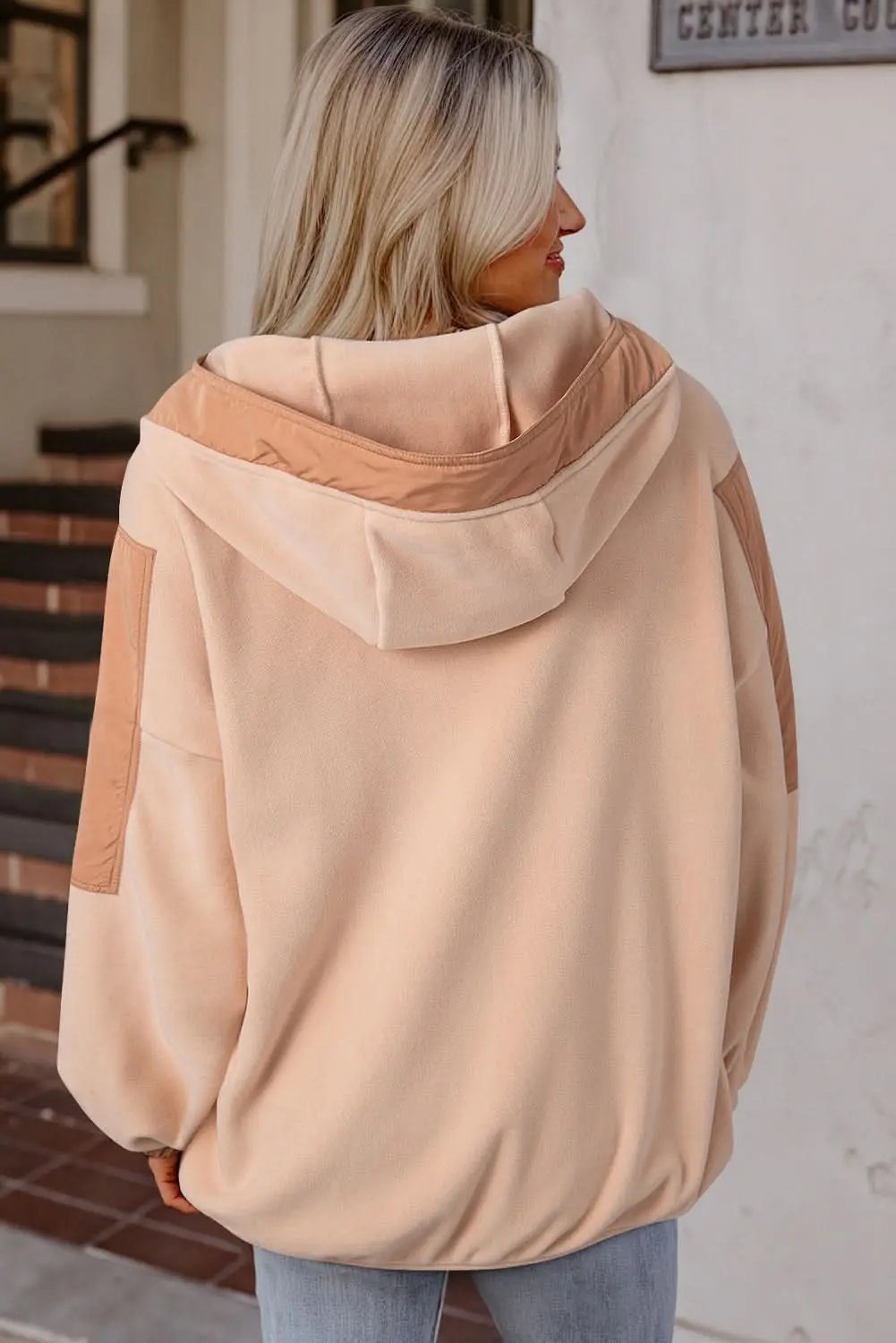 Light French Beige Colorblock Patchwork Half Zip Oversized Sherpa Hoodie - Love Salve 