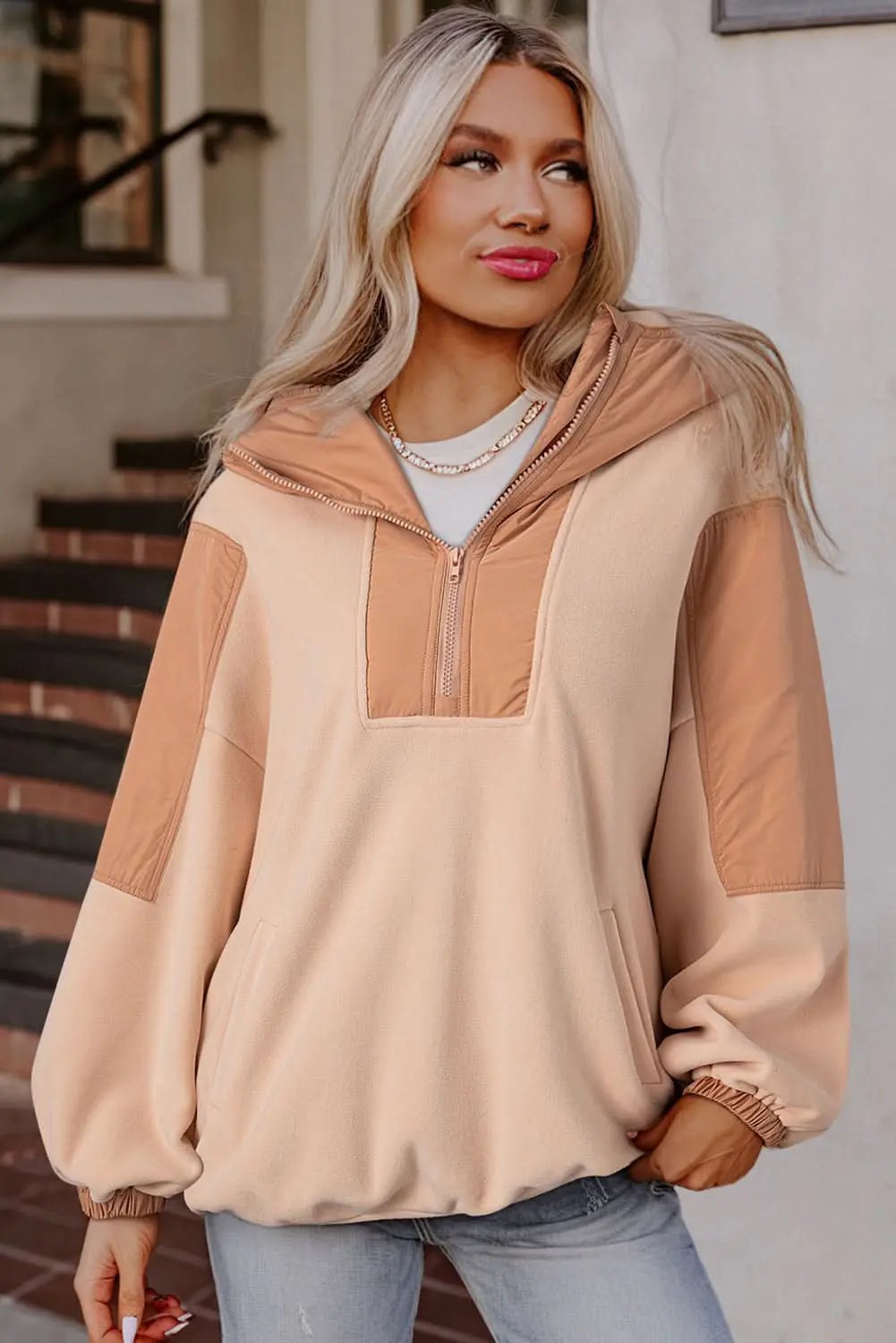 Light French Beige Colorblock Patchwork Half Zip Oversized Sherpa Hoodie - Love Salve 