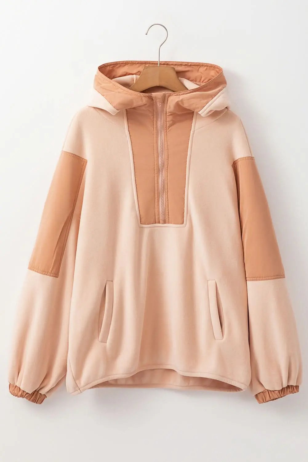 Light French Beige Colorblock Patchwork Half Zip Oversized Sherpa Hoodie - Love Salve 