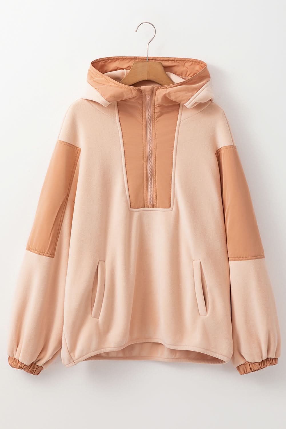 Light French Beige Colorblock Patchwork Half Zip Oversized Sherpa Hoodie - Love Salve 