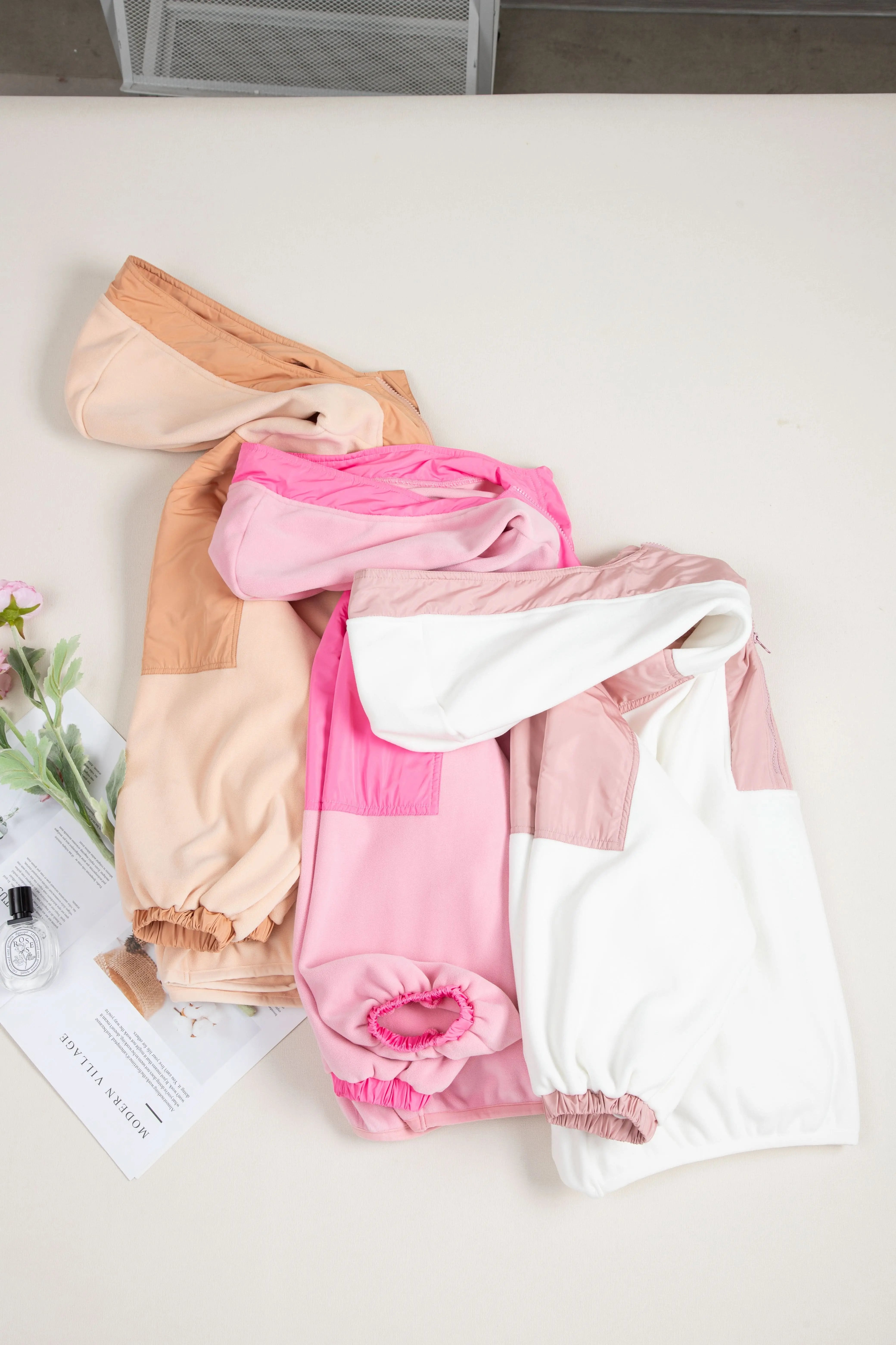 Light French Beige Colorblock Patchwork Half Zip Oversized Sherpa Hoodie - Love Salve 