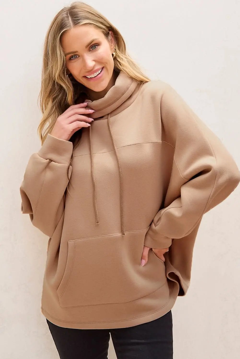 Light French Beige Drawstring Turtleneck Dolman Sleeve Sweatshirt - Love Salve 