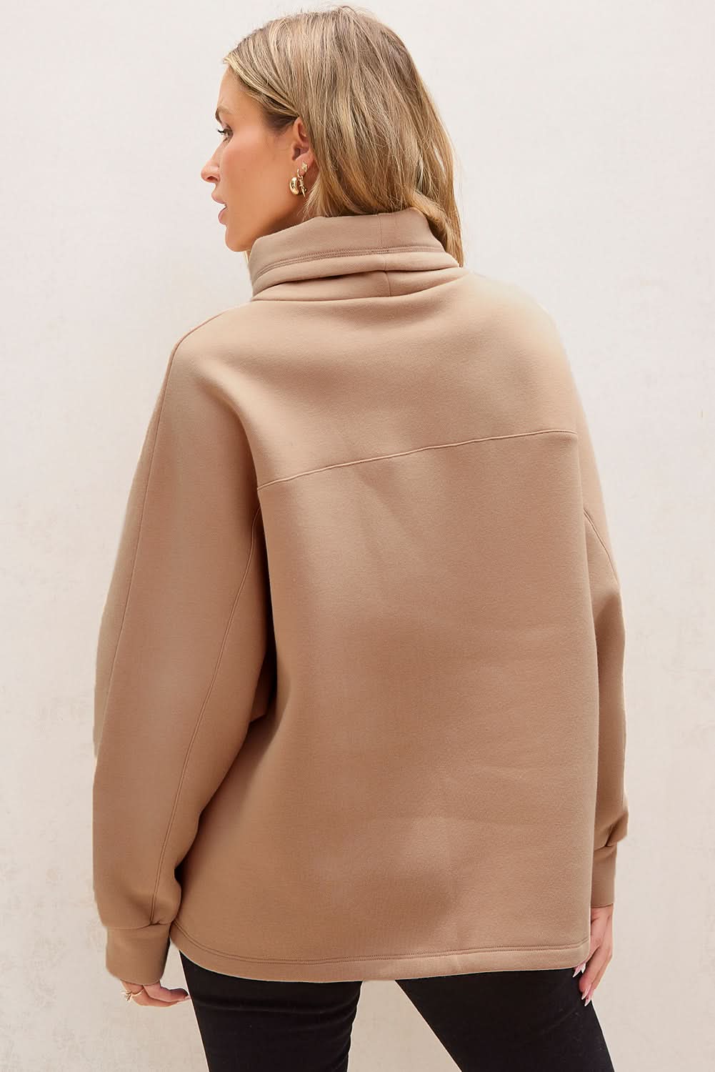 Light French Beige Drawstring Turtleneck Dolman Sleeve Sweatshirt - Love Salve 