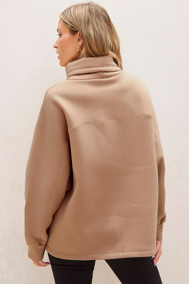 Light French Beige Drawstring Turtleneck Dolman Sleeve Sweatshirt - Love Salve 