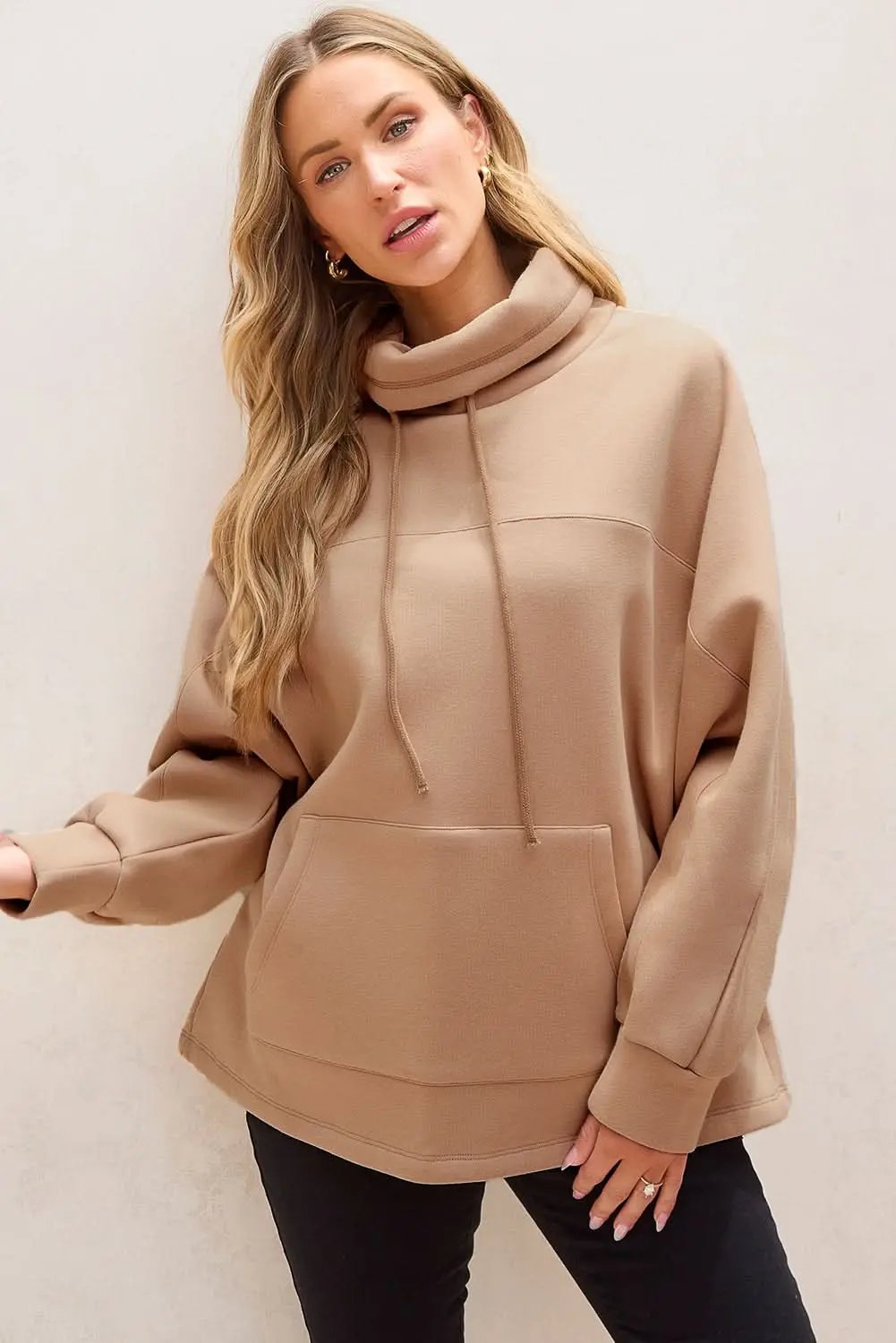 Light French Beige Drawstring Turtleneck Dolman Sleeve Sweatshirt - Love Salve 