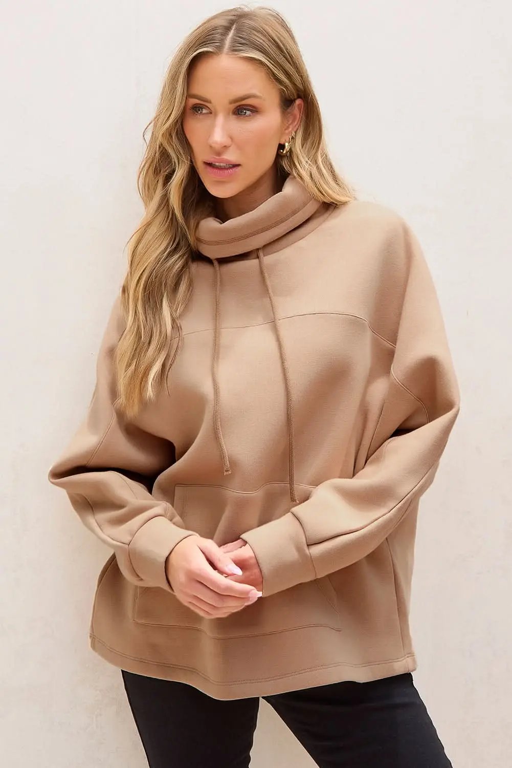 Light French Beige Drawstring Turtleneck Dolman Sleeve Sweatshirt - Love Salve 