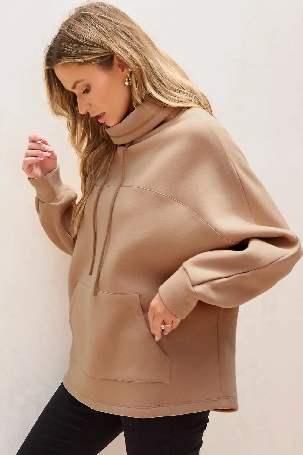 Light French Beige Drawstring Turtleneck Dolman Sleeve Sweatshirt - Love Salve 
