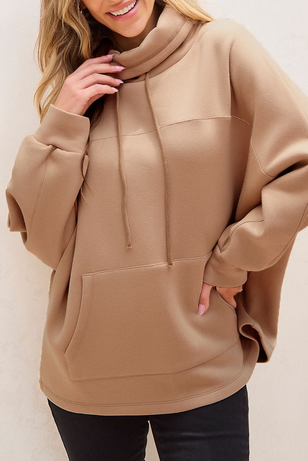 Light French Beige Drawstring Turtleneck Dolman Sleeve Sweatshirt - Love Salve 