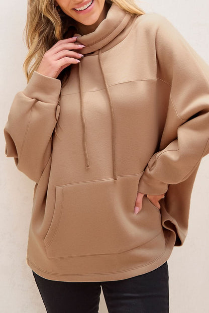 Light French Beige Drawstring Turtleneck Dolman Sleeve Sweatshirt - Love Salve 
