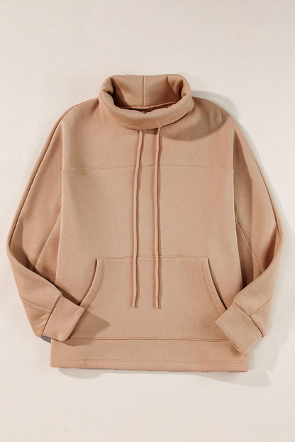 Light French Beige Drawstring Turtleneck Dolman Sleeve Sweatshirt - Love Salve 