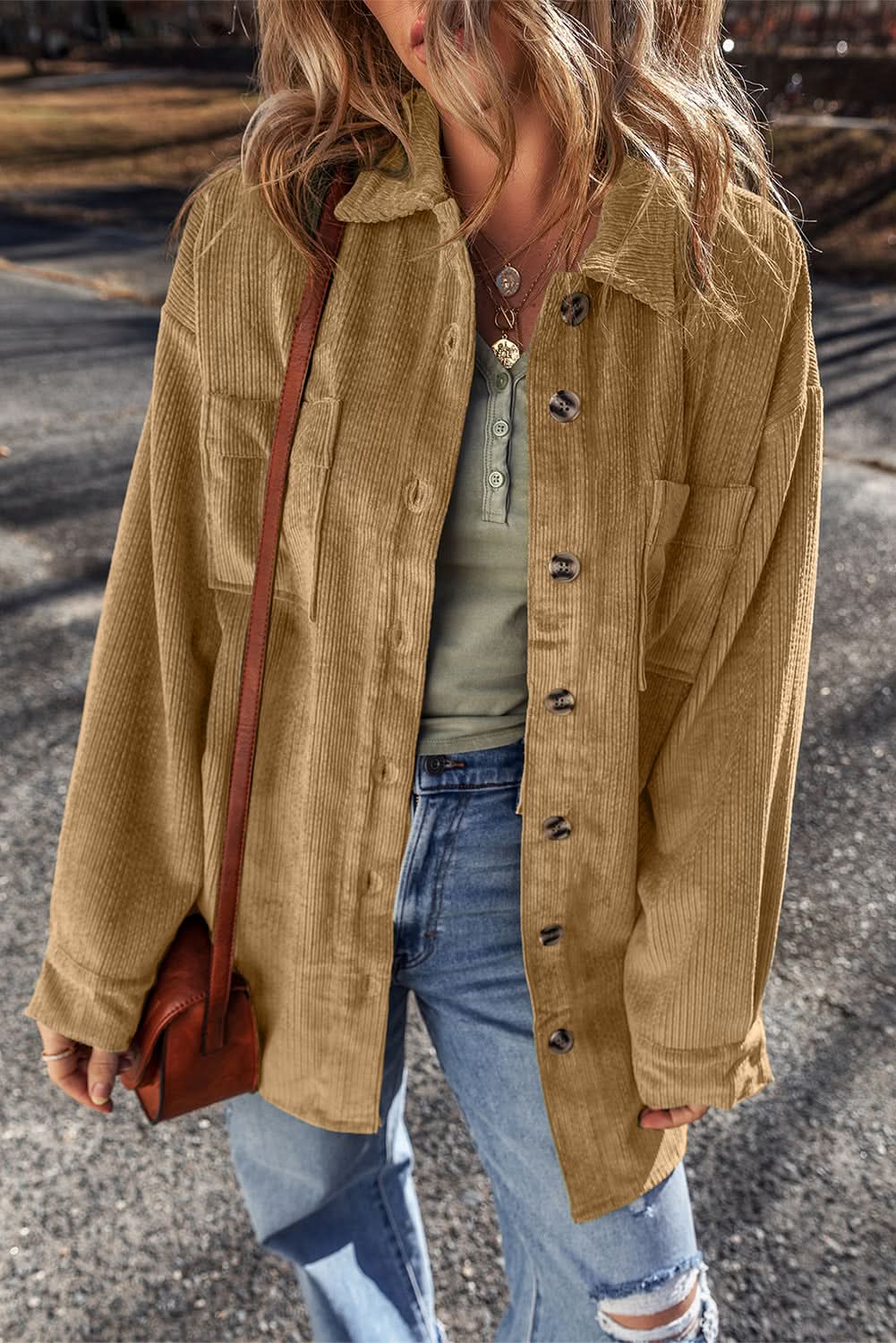 Light French Beige Patched Pocket Button Up Corduroy Shacket 