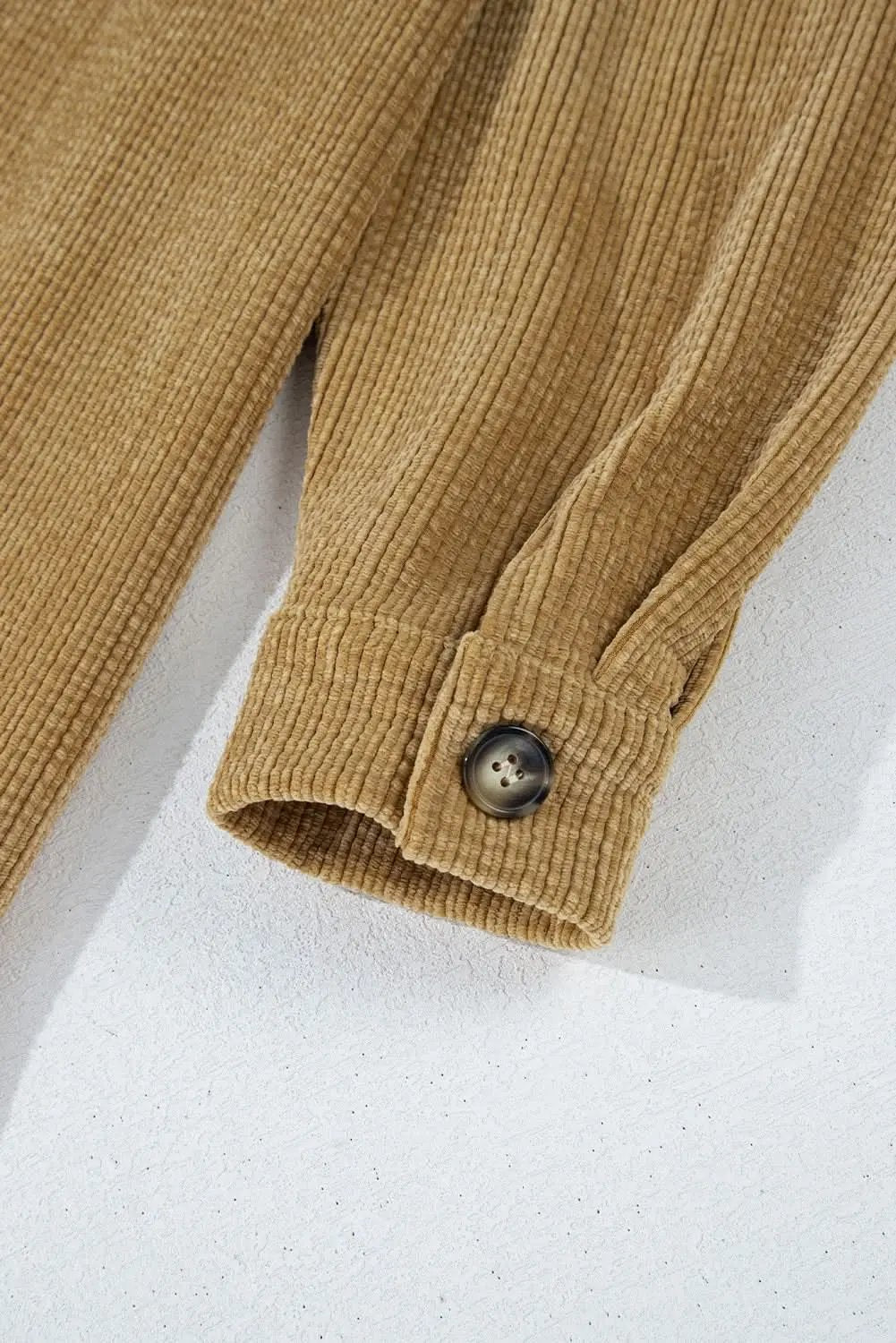 Light French Beige Patched Pocket Button Up Corduroy Shacket - Love Salve 