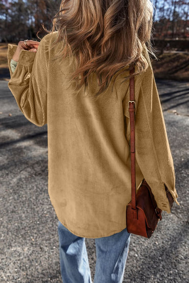 Light French Beige Patched Pocket Button Up Corduroy Shacket 