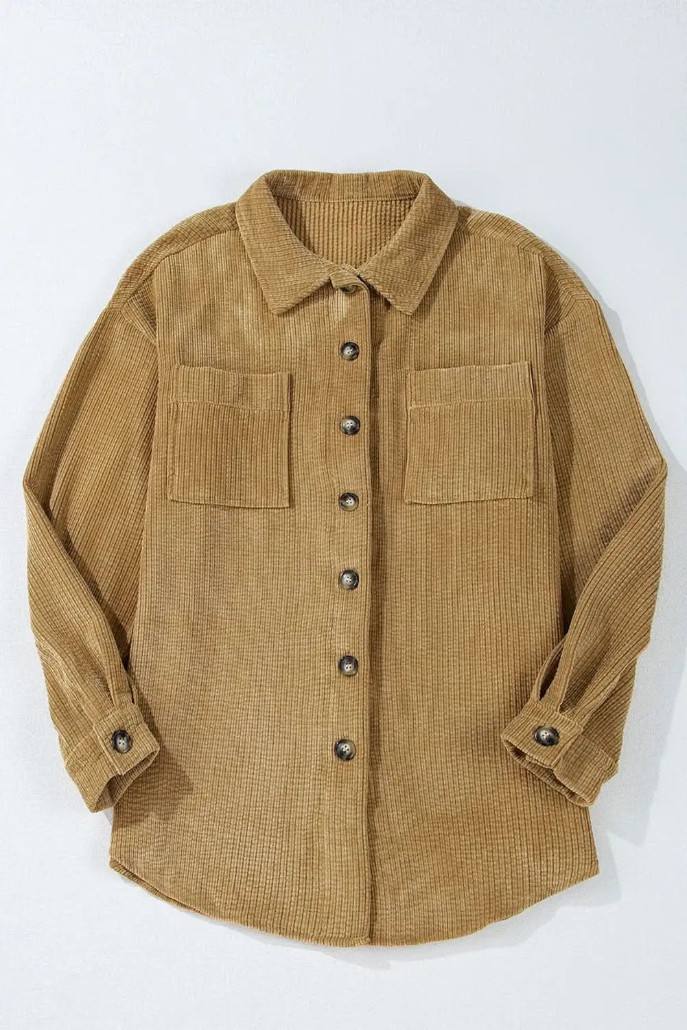 Light French Beige Patched Pocket Button Up Corduroy Shacket - Love Salve 