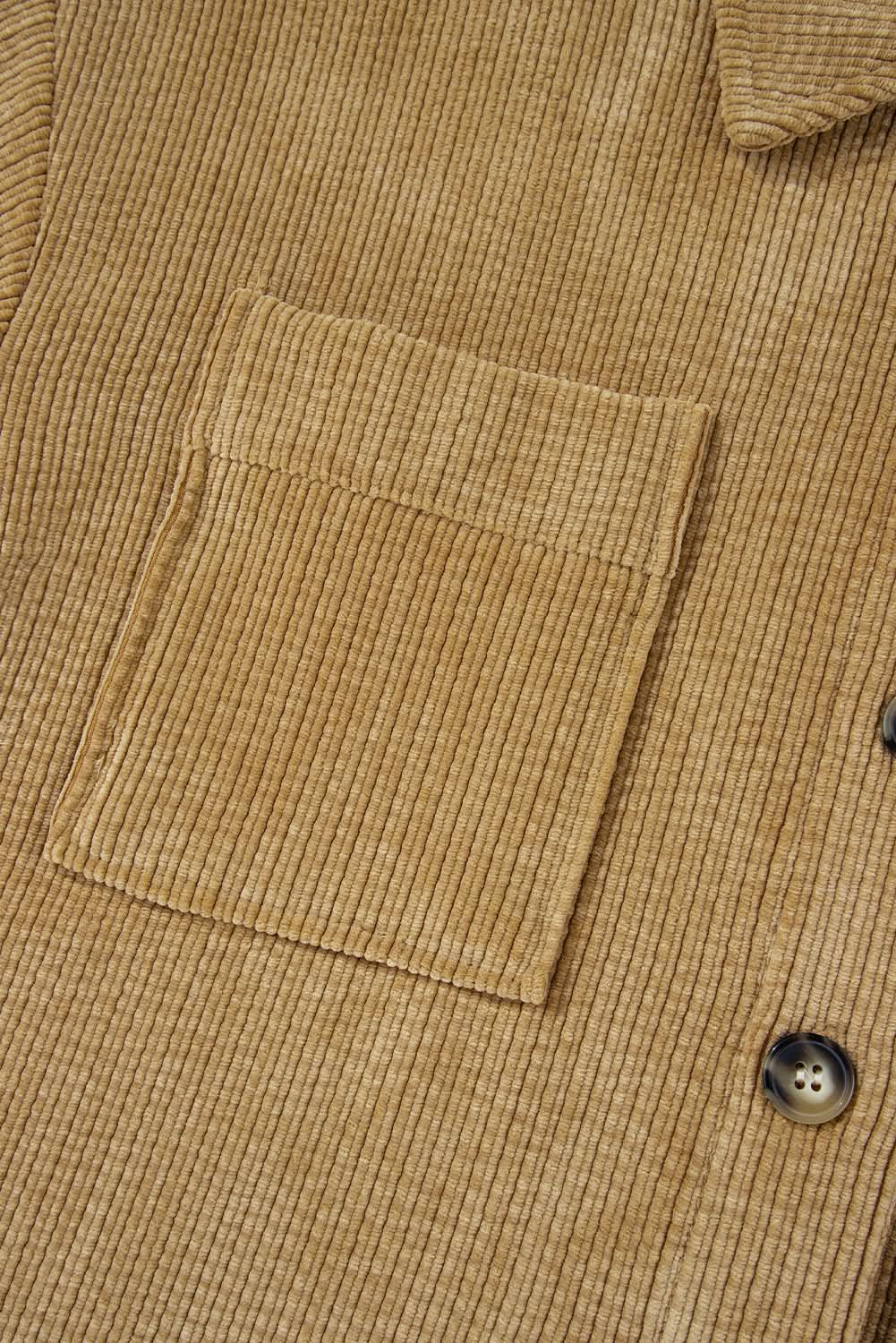 Light French Beige Patched Pocket Button Up Corduroy Shacket - Love Salve 