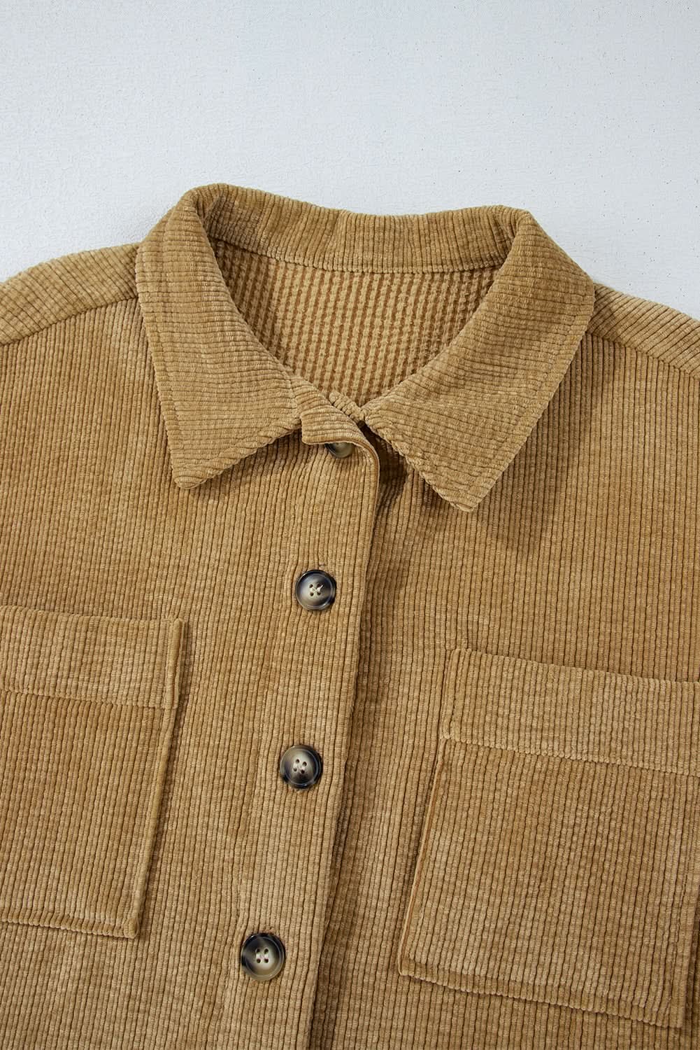 Light French Beige Patched Pocket Button Up Corduroy Shacket - Love Salve 