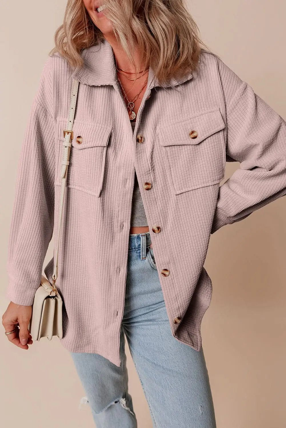 Light Pink Corduroy Flap Pocket Button Up Shacket - Love Salve 