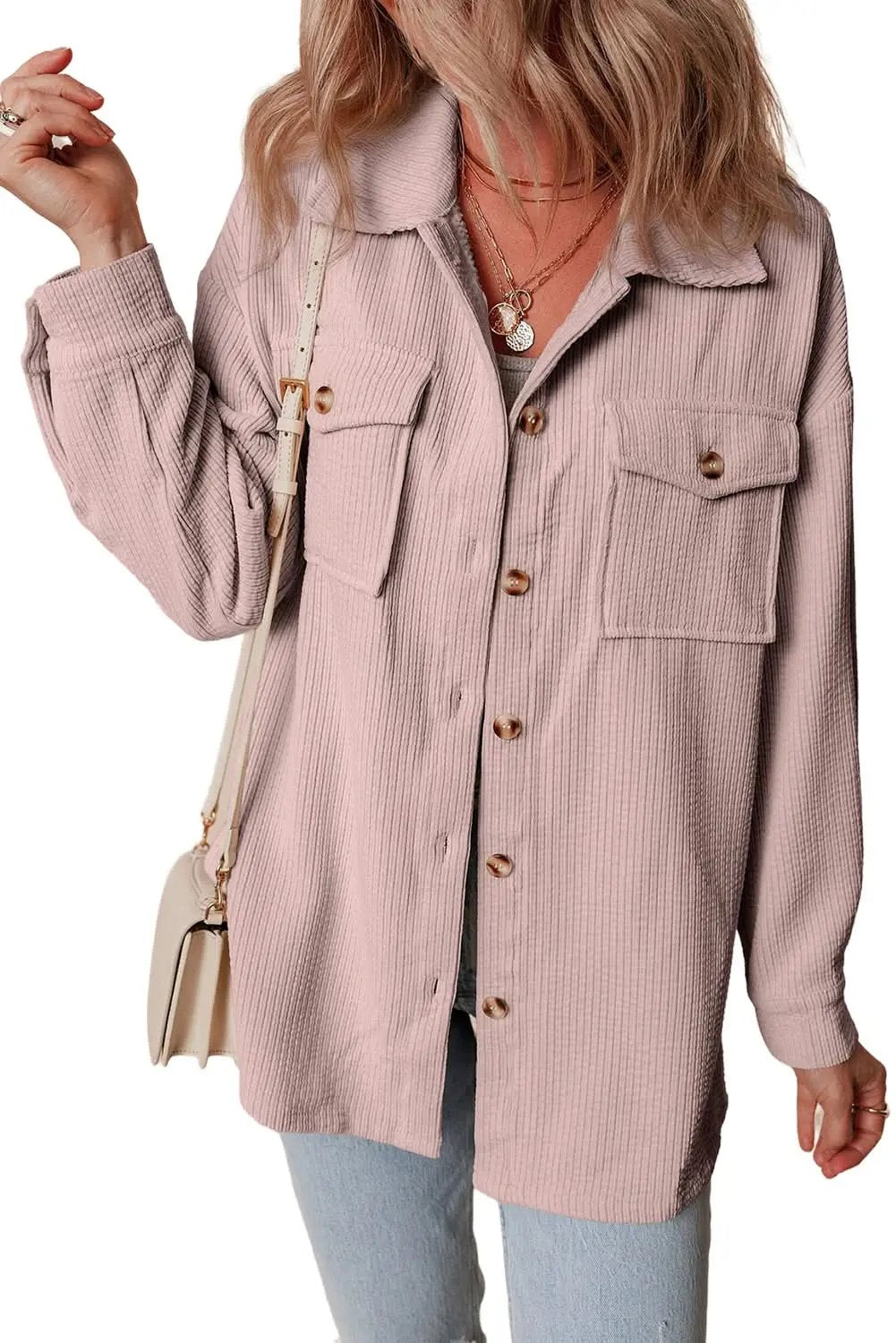 Light Pink Corduroy Flap Pocket Button Up Shacket - Love Salve 