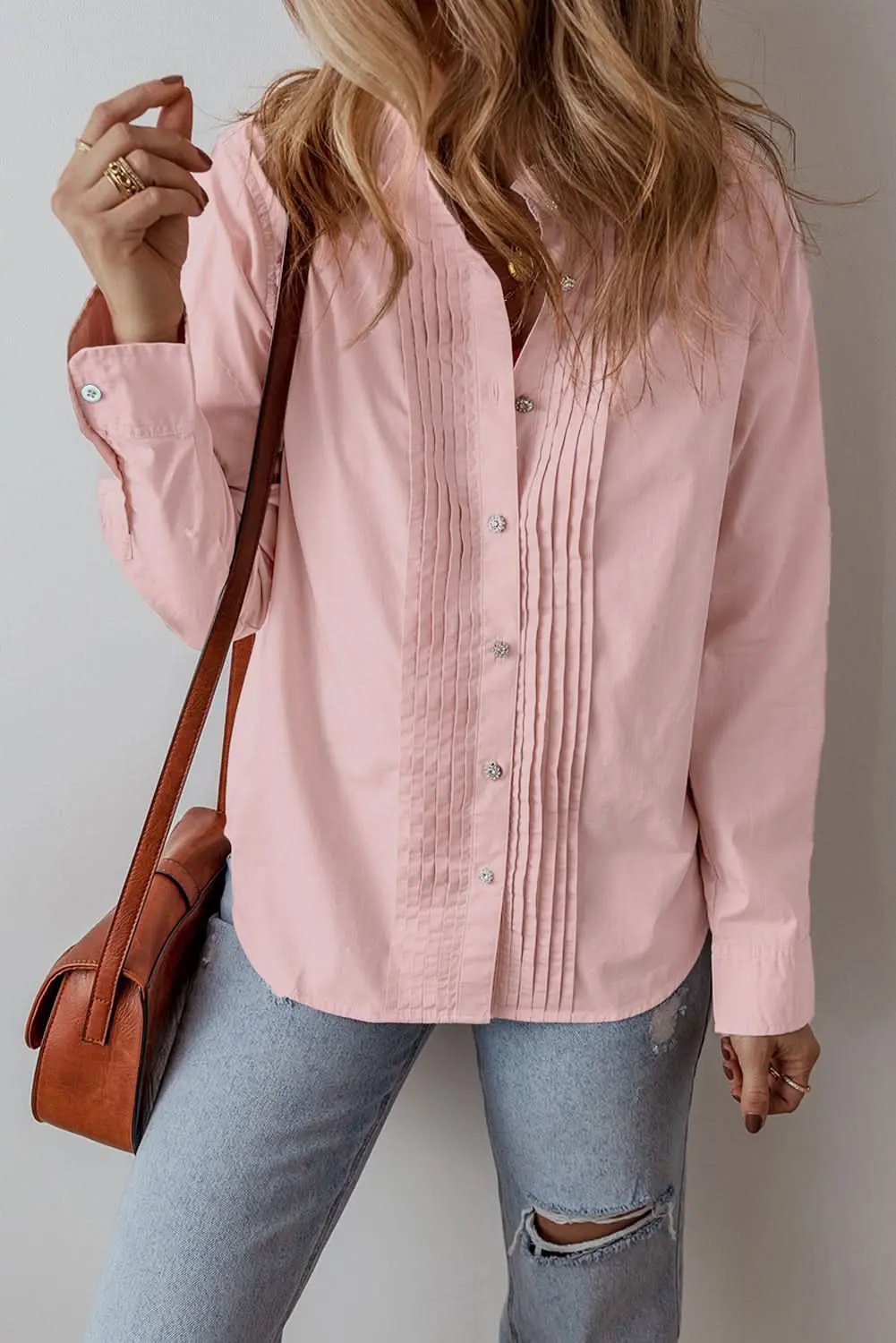 Light Pink Pleated Button-Up Loose Fit Casual Shirt - Love Salve 