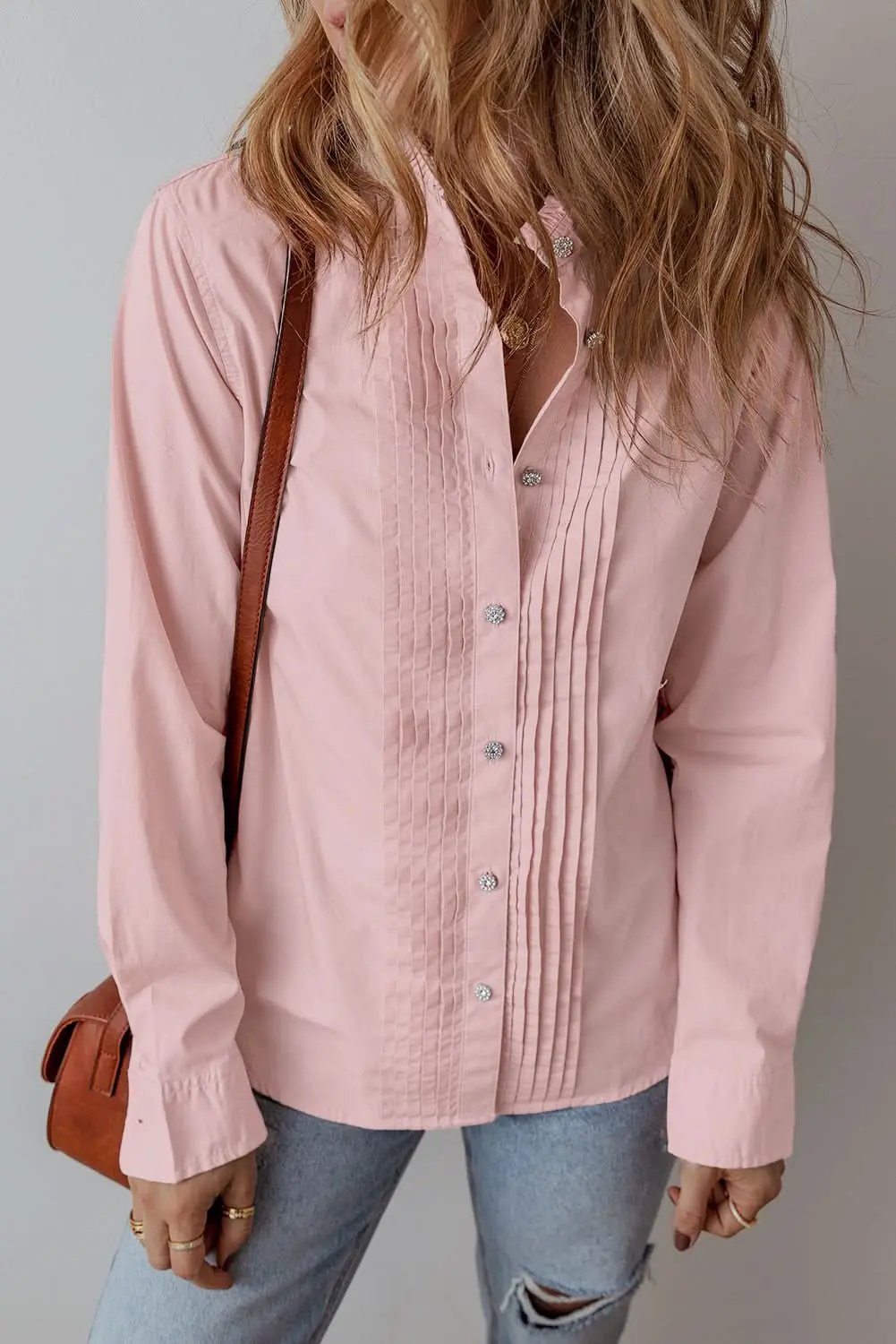 Light Pink Pleated Button-Up Loose Fit Casual Shirt - Love Salve 