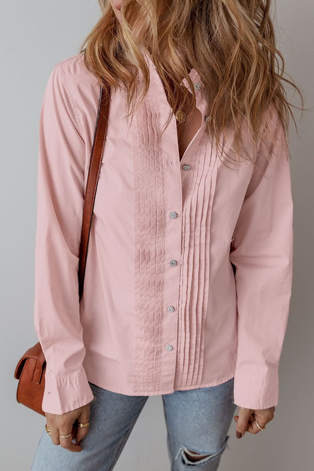 Light Pink Pleated Button-Up Loose Fit Casual Shirt - Love Salve 