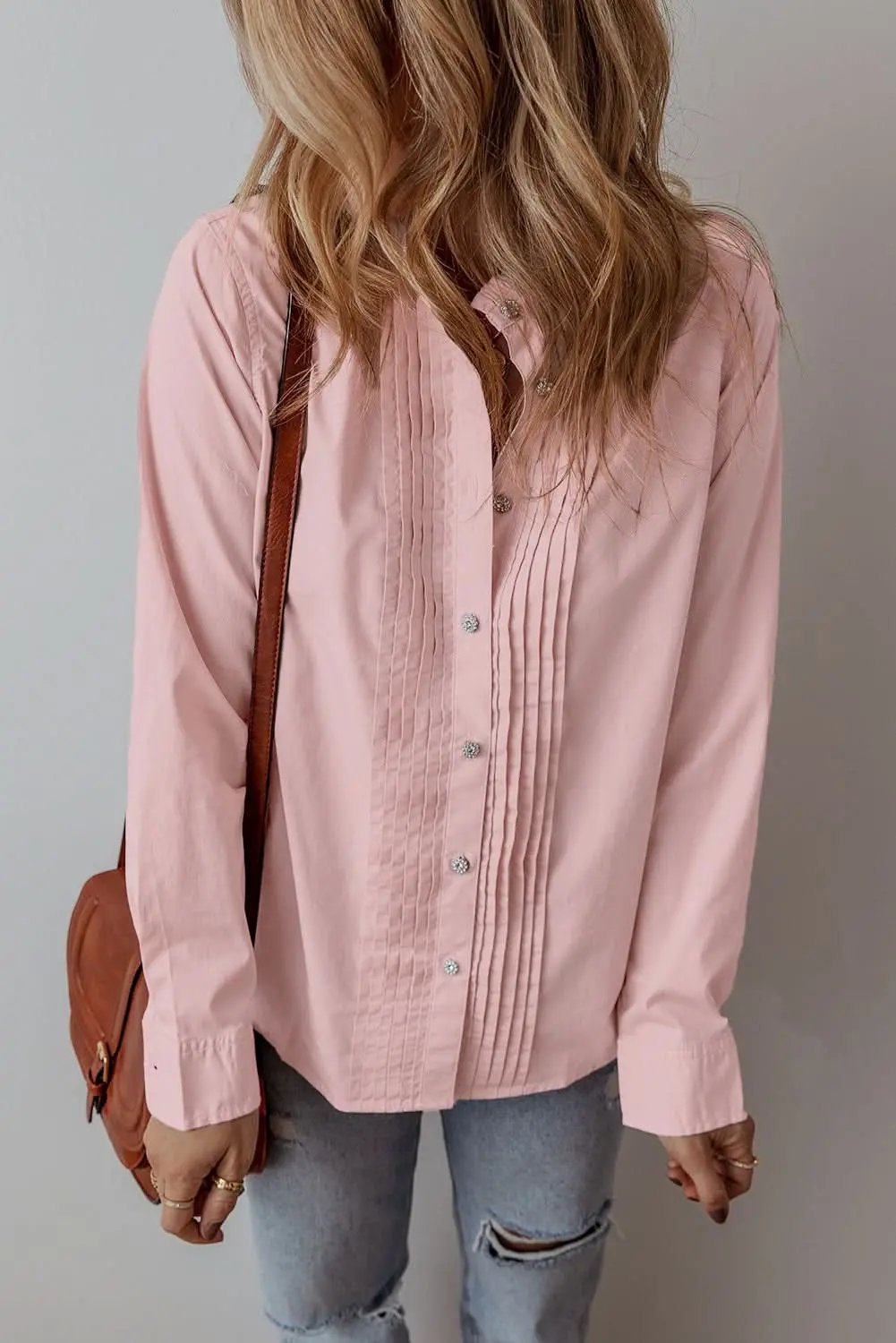 Light Pink Pleated Button-Up Loose Fit Casual Shirt - Love Salve 