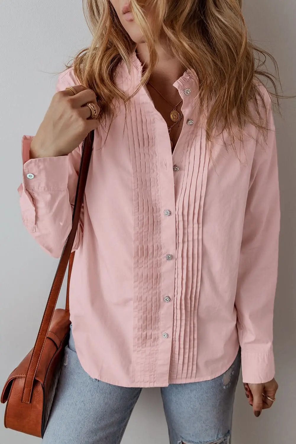 Light Pink Pleated Button-Up Loose Fit Casual Shirt - Love Salve 