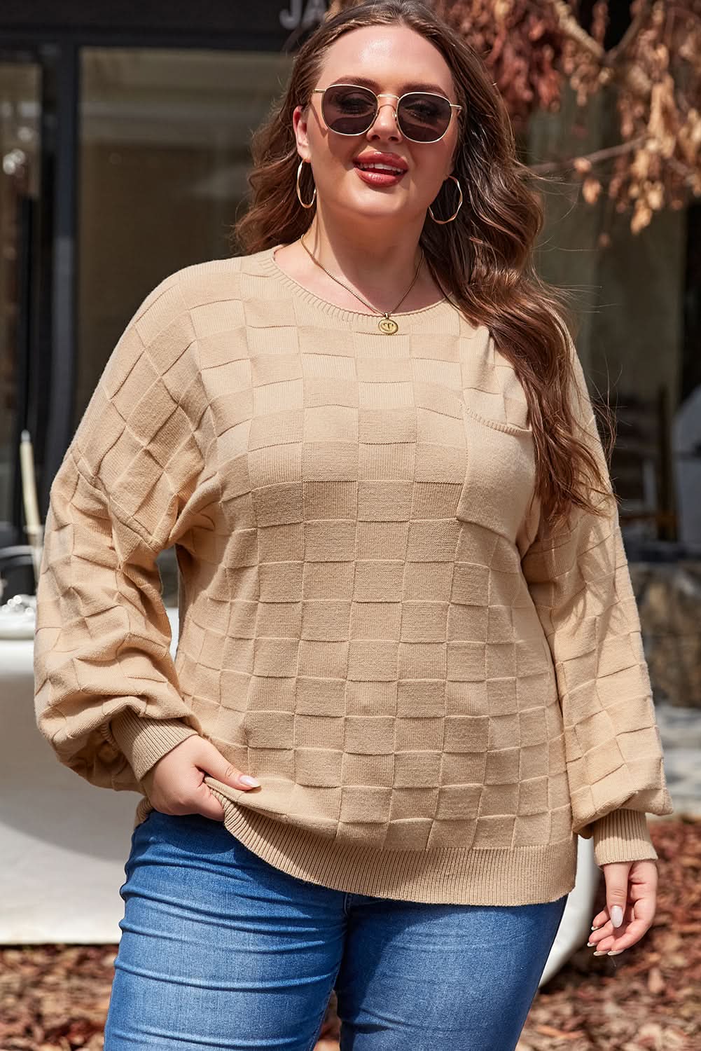 Light beige plus size knit sweater 