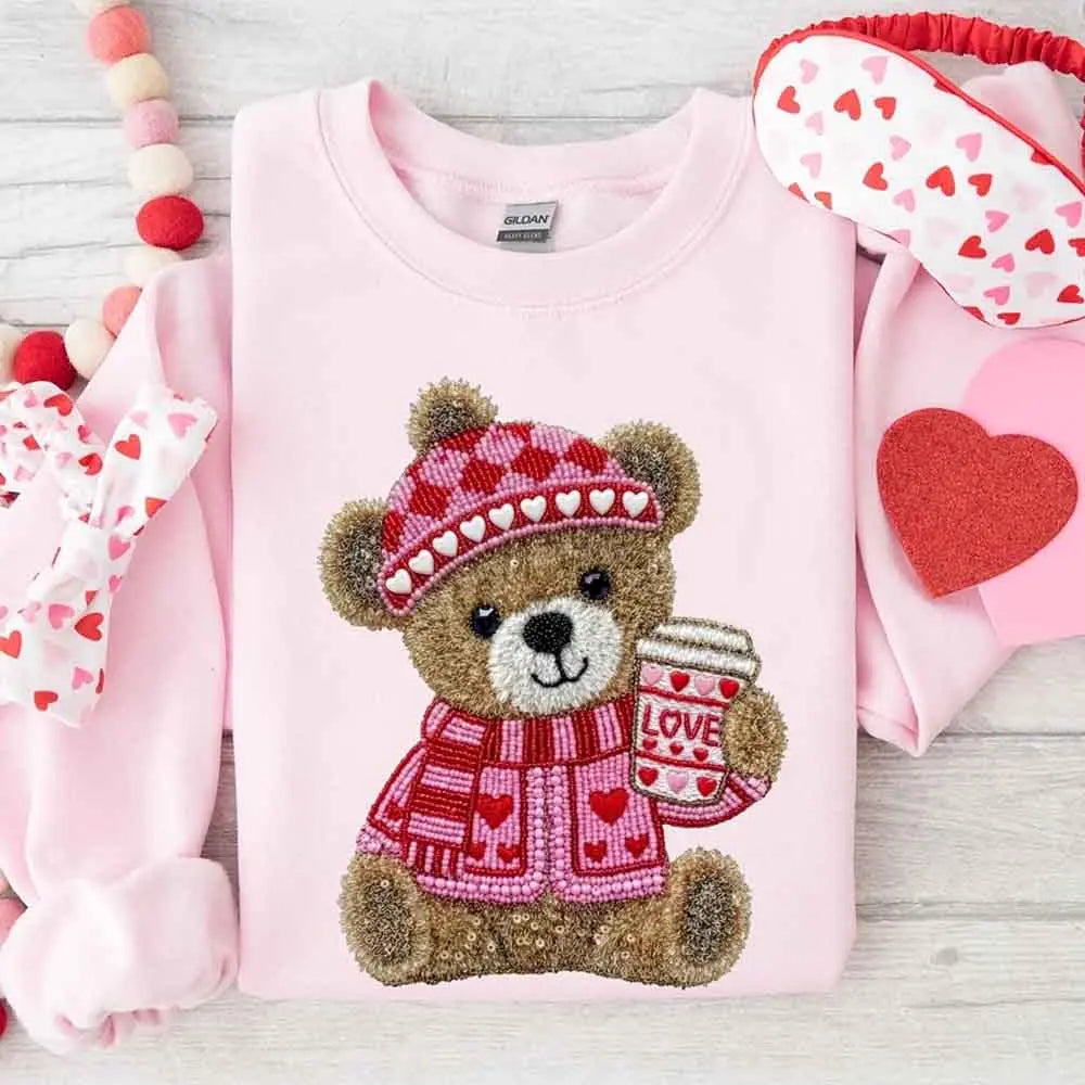 Love Coffee Teddy Valentine Sweatshirt – Furry Look 3D Print Sweater Adorb Custom Tees