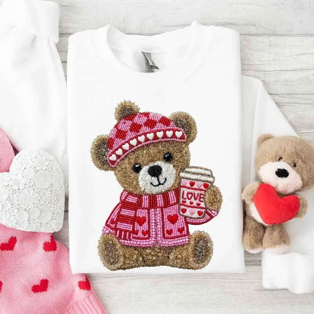Love Coffee Teddy Valentine Sweatshirt – Furry Look 3D Print Sweater Adorb Custom Tees