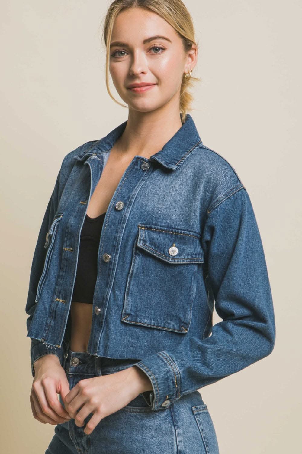 Love Tree Raw Hem Button Up Cropped Denim Jacket - Love Salve 