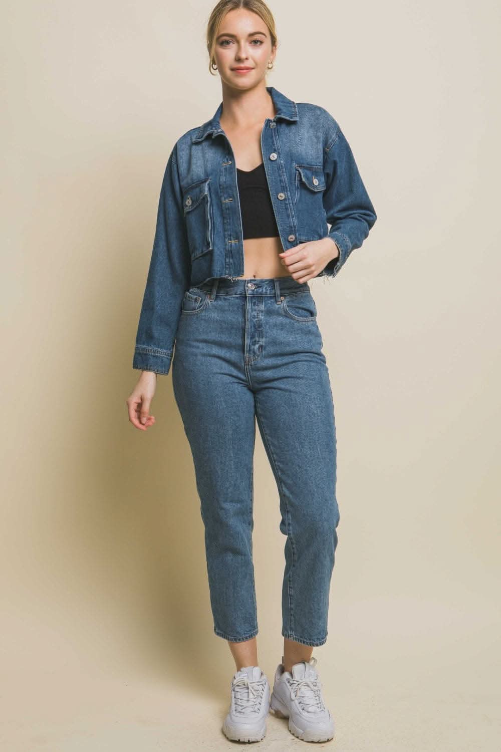 Love Tree Raw Hem Button Up Cropped Denim Jacket - Love Salve 