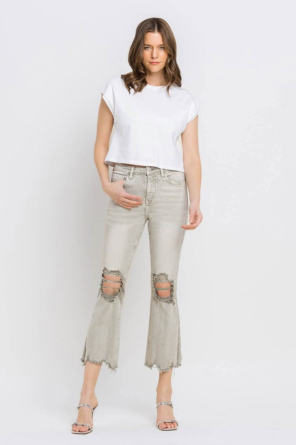 Lovervet Distressed Raw Hem Cropped Flare Jeans 