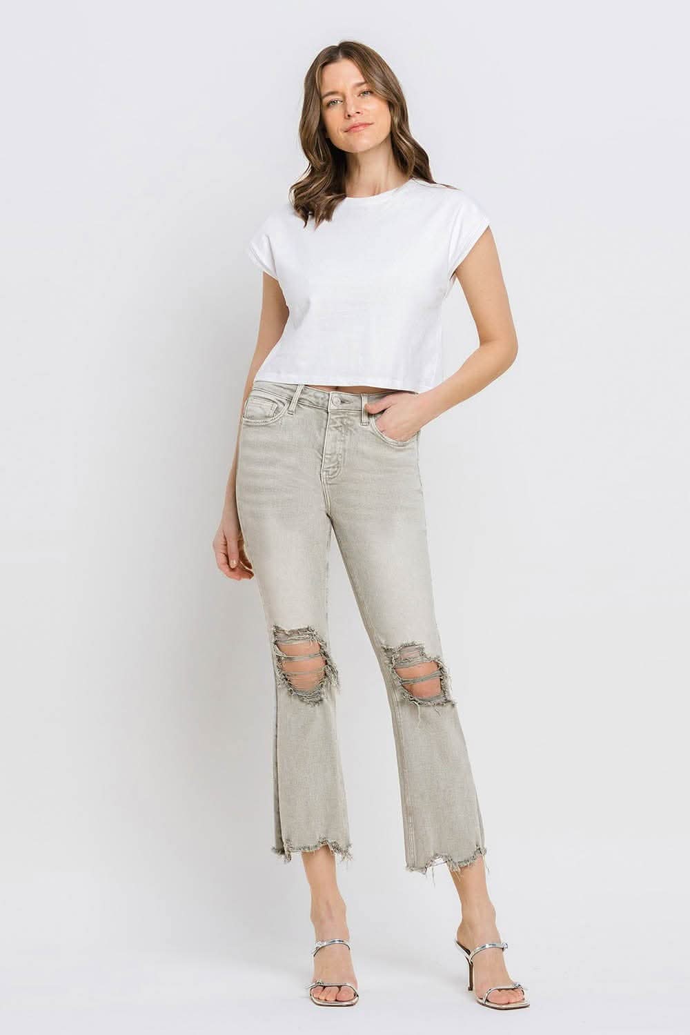 Lovervet Distressed Raw Hem Cropped Flare Jeans 