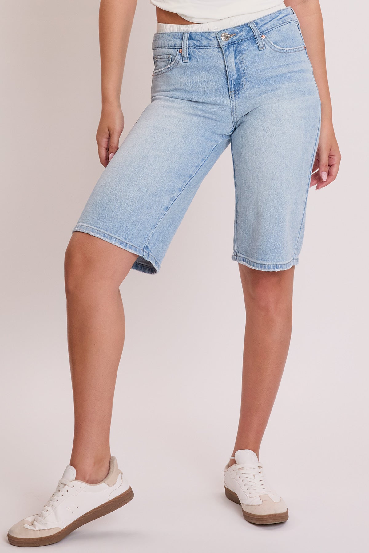 Overhead view of the YMI JEANS Luxe Jort, presenting the full silhouette and the removable boxer waist feature.