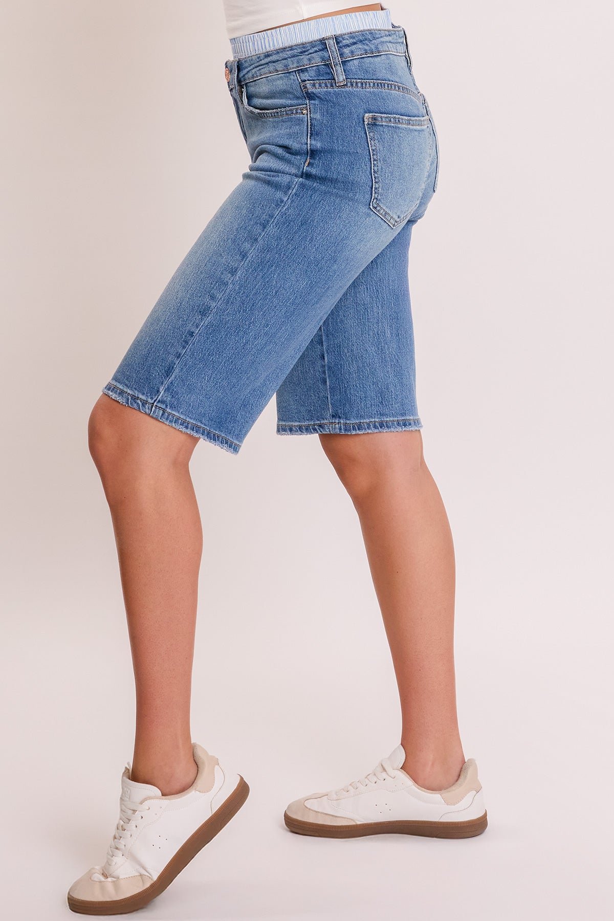 Detail shot of the YMI JEANS Luxe Jort's button and zipper closure, emphasizing quality construction and stretch denim.