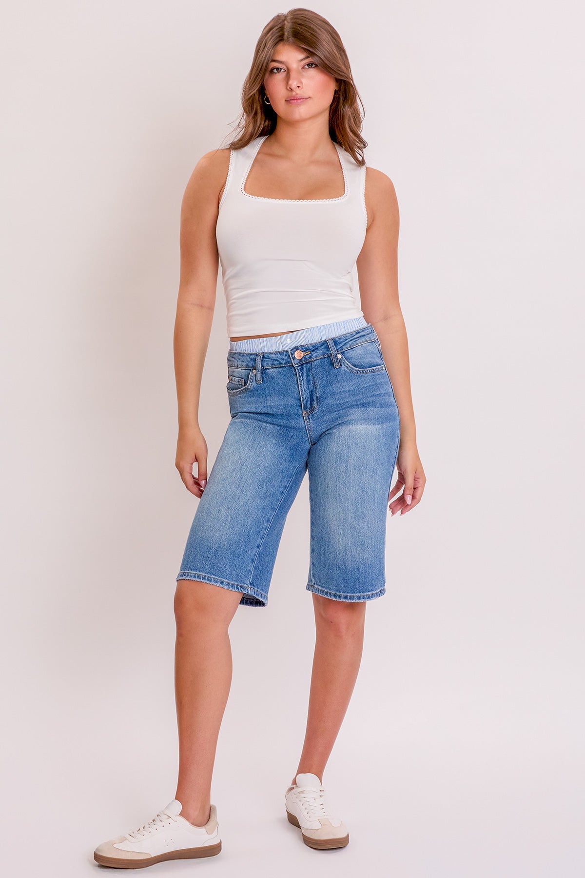 Close-up of the YMI JEANS Luxe Jort's unique removable boxer waist detail, highlighting the comfortable stretch.