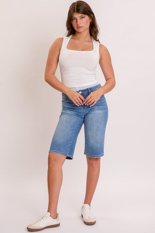 YMI JEANS Women's Luxe Jort, full view, showcasing the stylish denim shorts with a unique removable boxer waist.