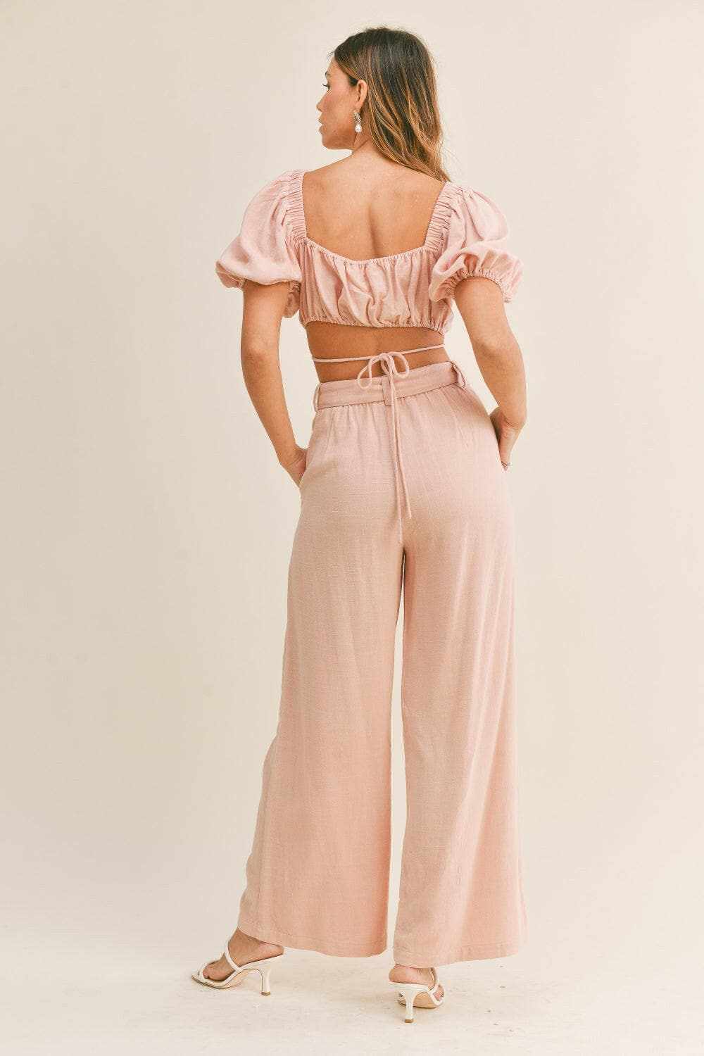 MABLE Cut Out Drawstring Crop Top and Belted Pants Set - Love Salve 