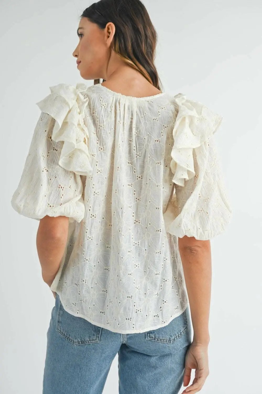 MABLE Eyelet Lace Ruffle Shoulder Puff Sleeve Blouse - Love Salve 