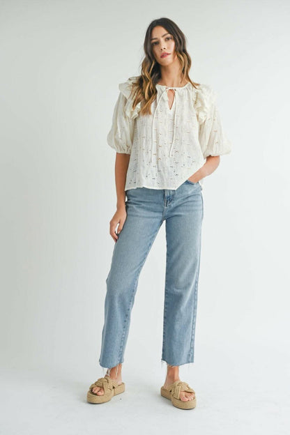 MABLE Eyelet Lace Ruffle Shoulder Puff Sleeve Blouse - Love Salve 