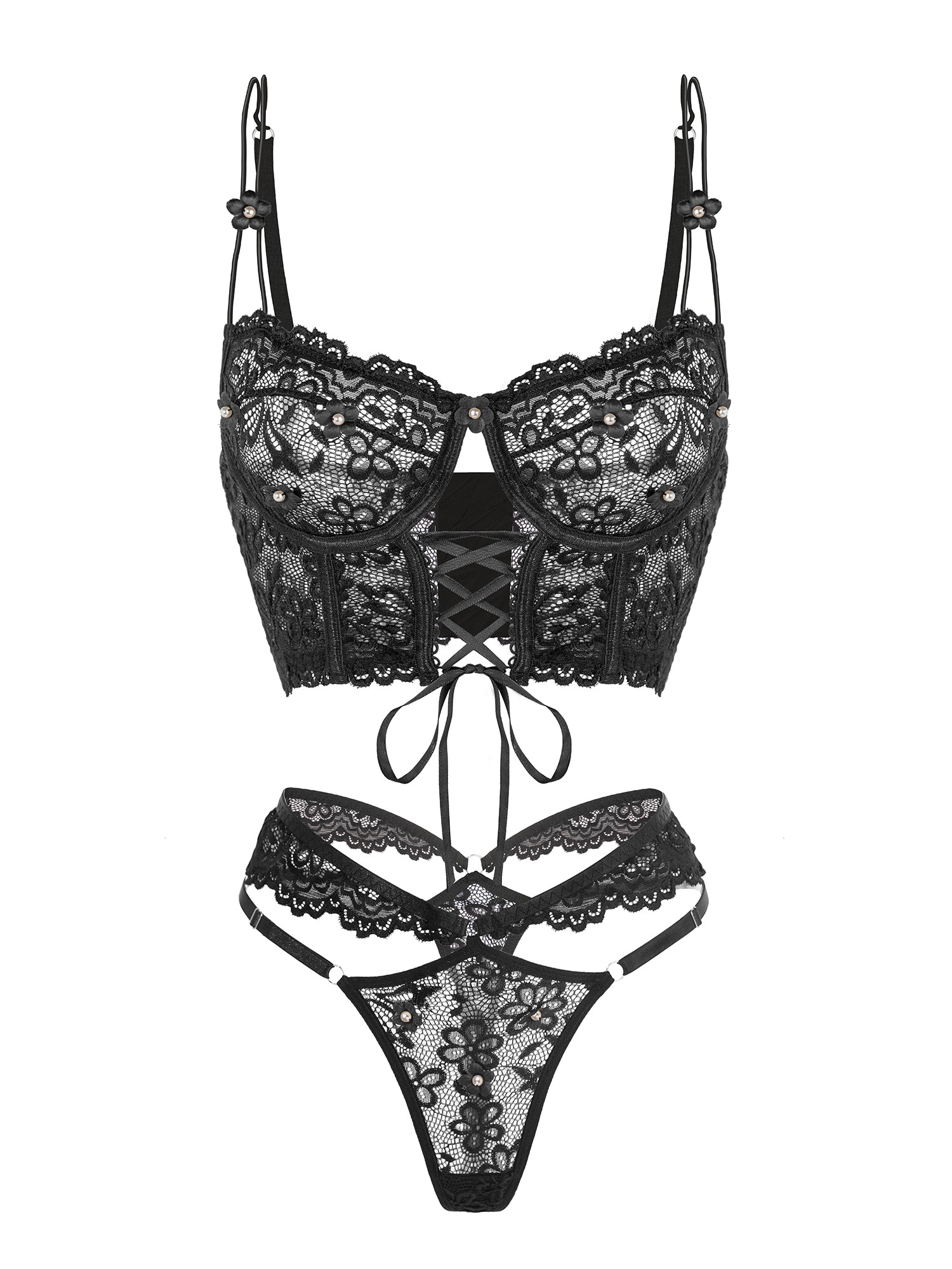 Black Pearl Flower Lace Lingerie Set With Pearl Accents Hello.LA.Girl