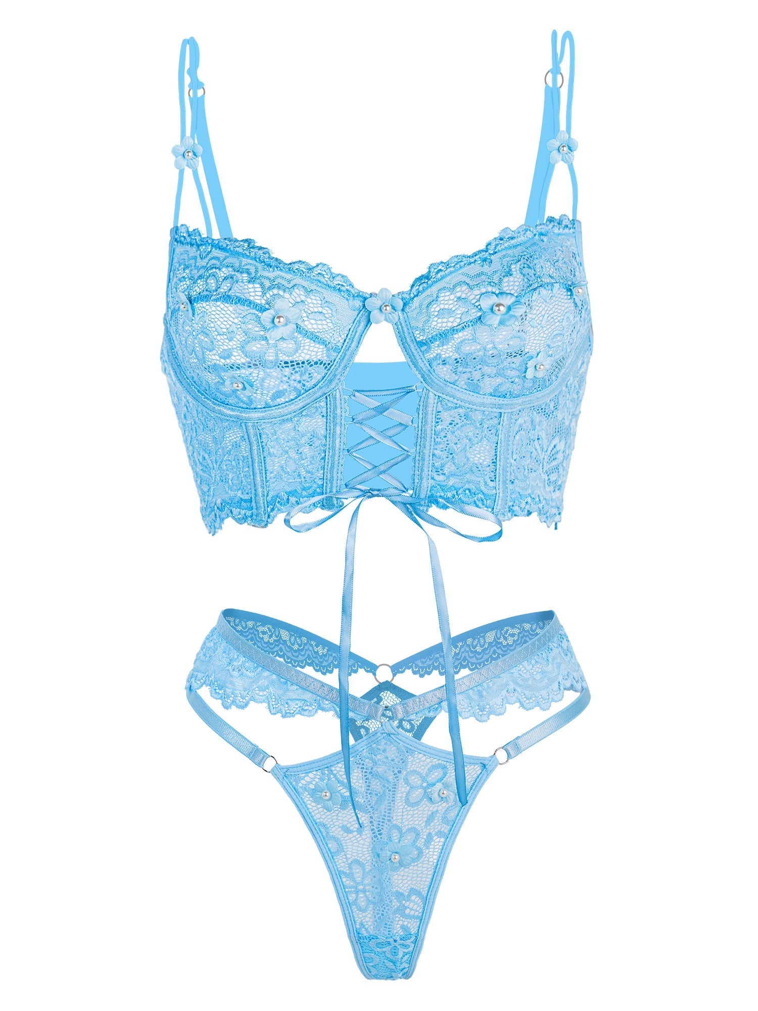 Blue Pearl Flower Lace Lingerie Set Featuring Pearl Patches Hello.LA.Girl