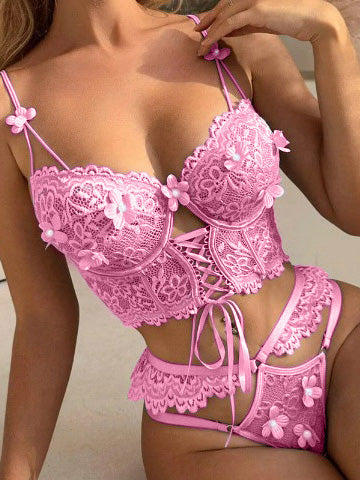 Pink Pearls Small Flower Lace Lingerie Set for Women