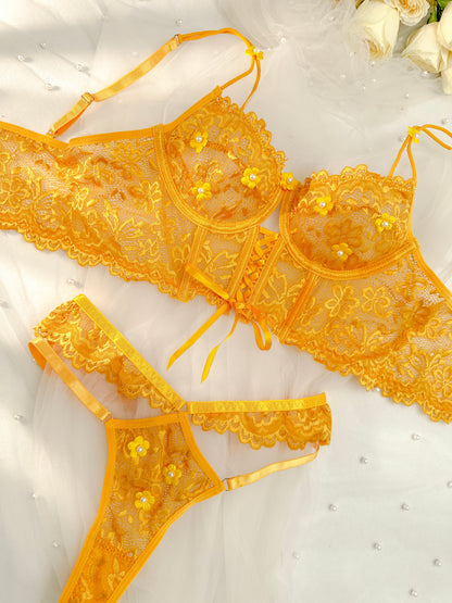 Yellow Pearls Small Flower Lace Lingerie Set